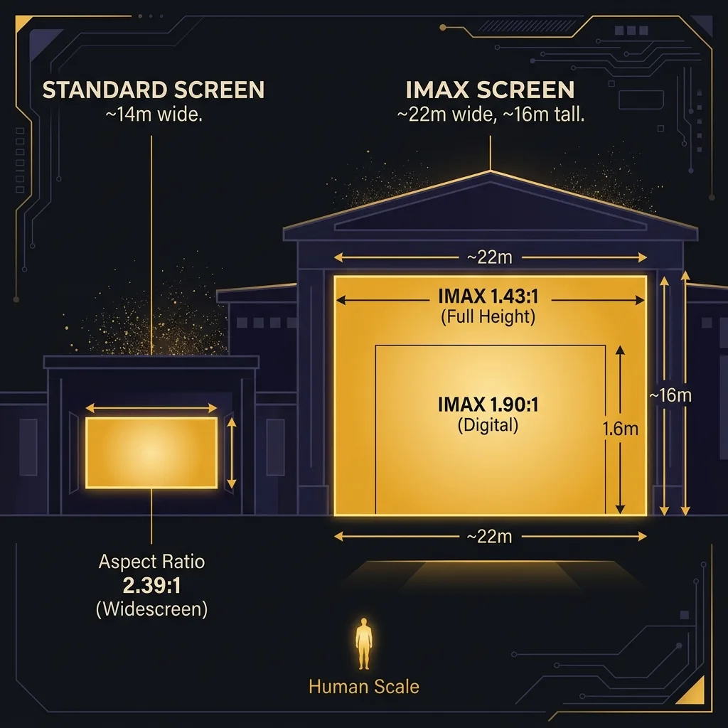 Infographic comparing standard cinema screen size (14m wide) with IMAX screen (22m wide, 16m tall) with human silhouette for scale