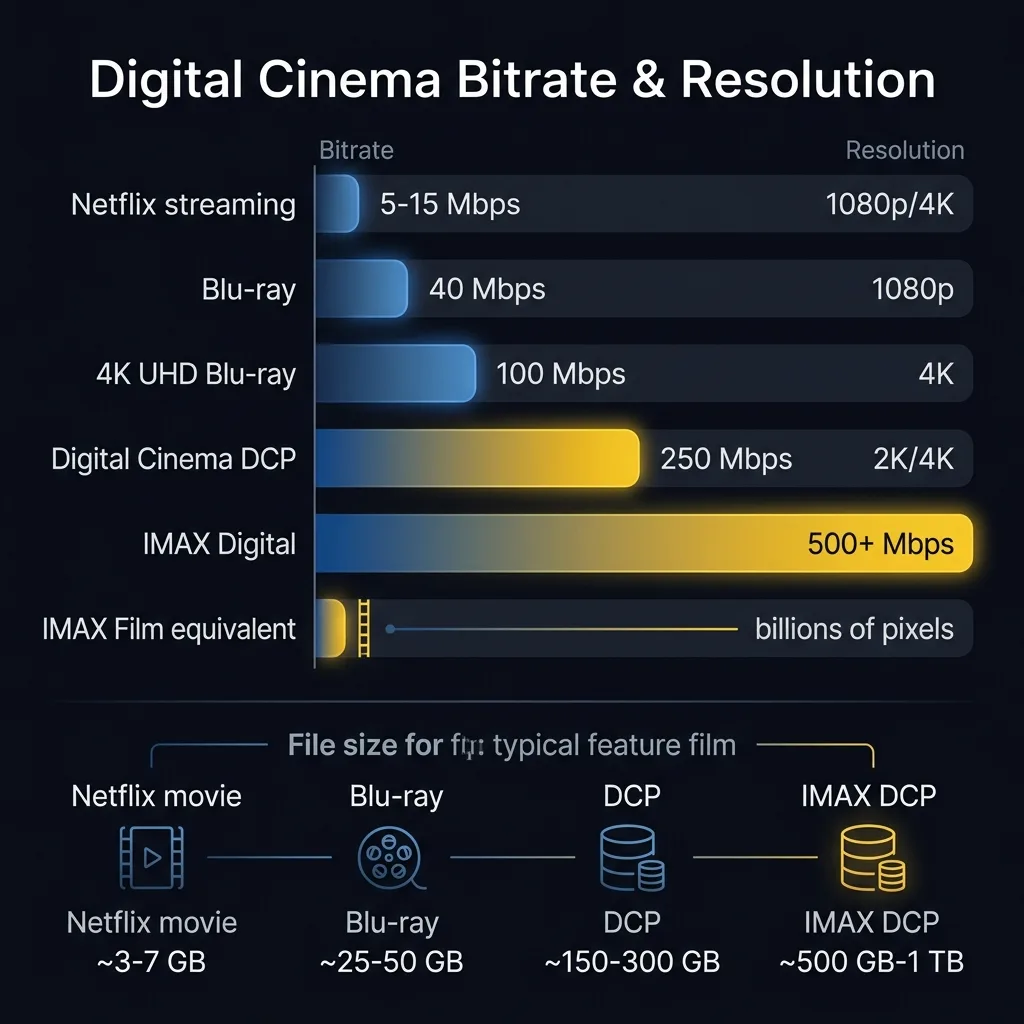 Detailed infographic comparing bitrate and file sizes across Netflix, Blu-ray, Digital Cinema DCP, and IMAX formats