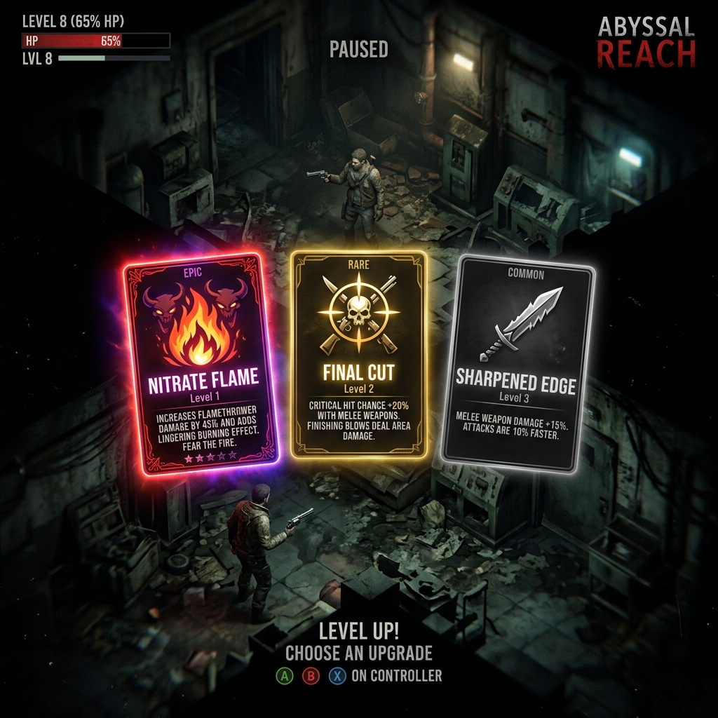Der pausierte Level-Up-Bildschirm mit 3 Upgrade-Kartenoptionen.